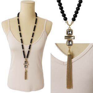 New Directions Black Beaded Necklace Gold Tone Crystal Pendant Tassel NWT 32"